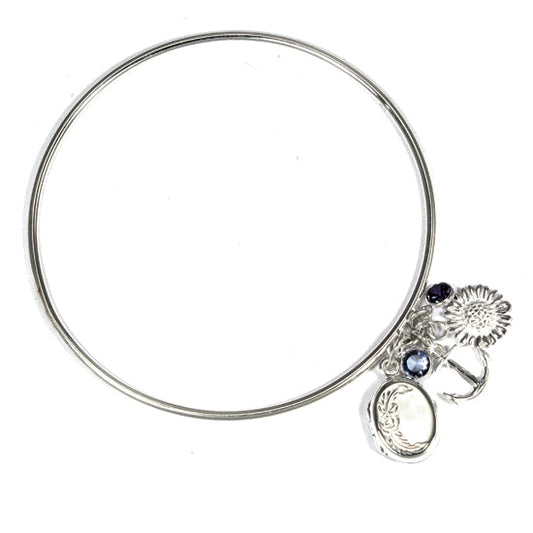 Bracelet jonc avec médaillon et breloques en zircone cubique bleu et violet, motif ancre et tournesol