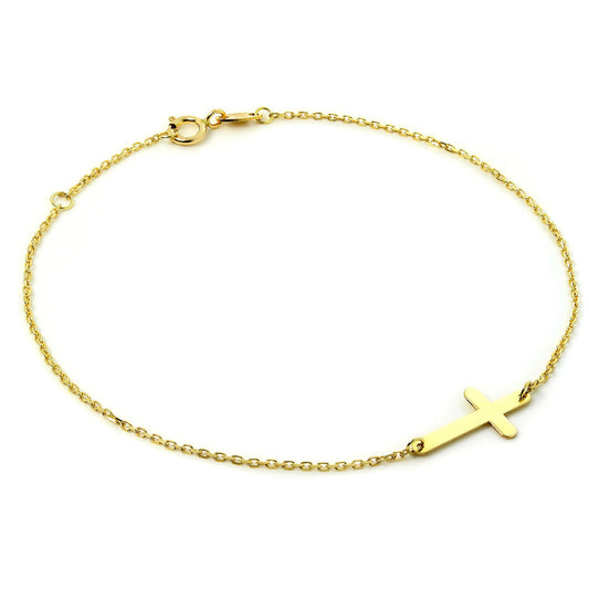 Bracelet chaîne fine en or 9 carats avec croix 7,5 pouces