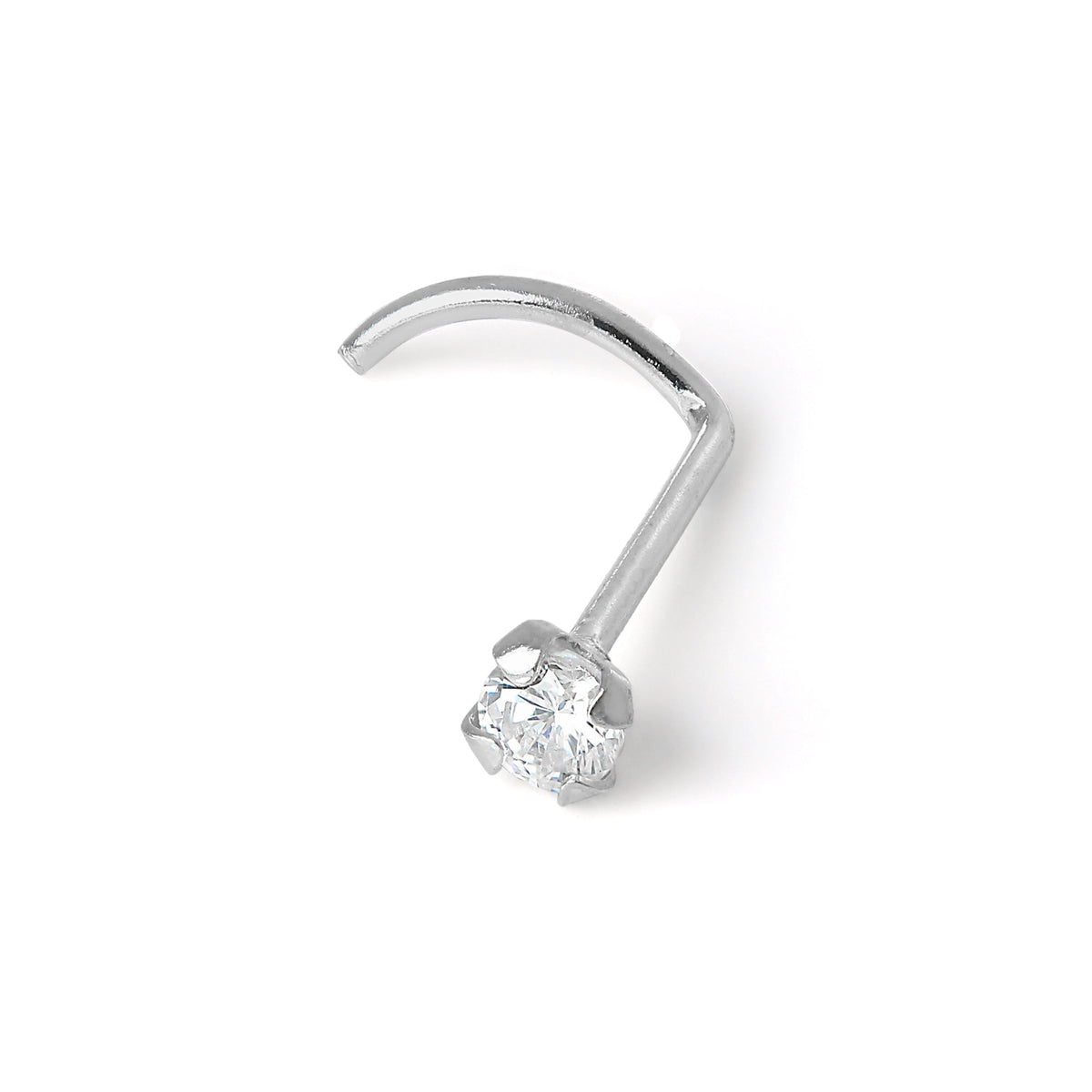 Vis de nez en or blanc 9 carats et cristal CZ rond transparent de 2 mm