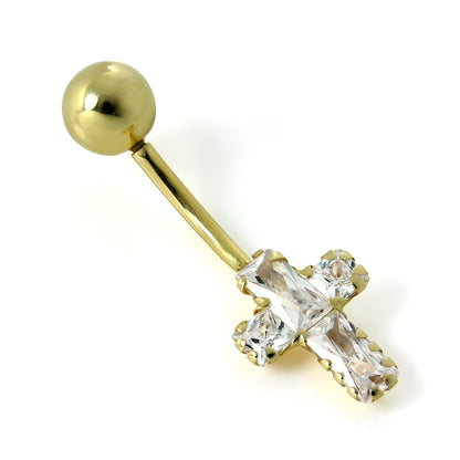 Piercing de nombril en or 9 carats avec croix en cristal CZ transparent