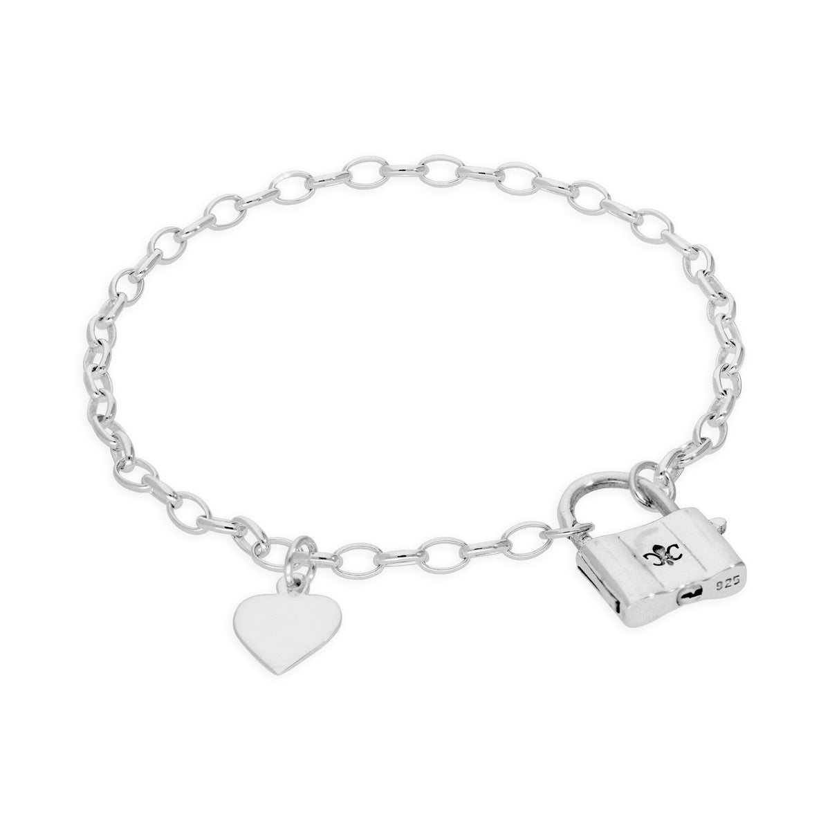 Bracelet en argent sterling de 18 cm avec étiquette en forme de cœur et cadenas
