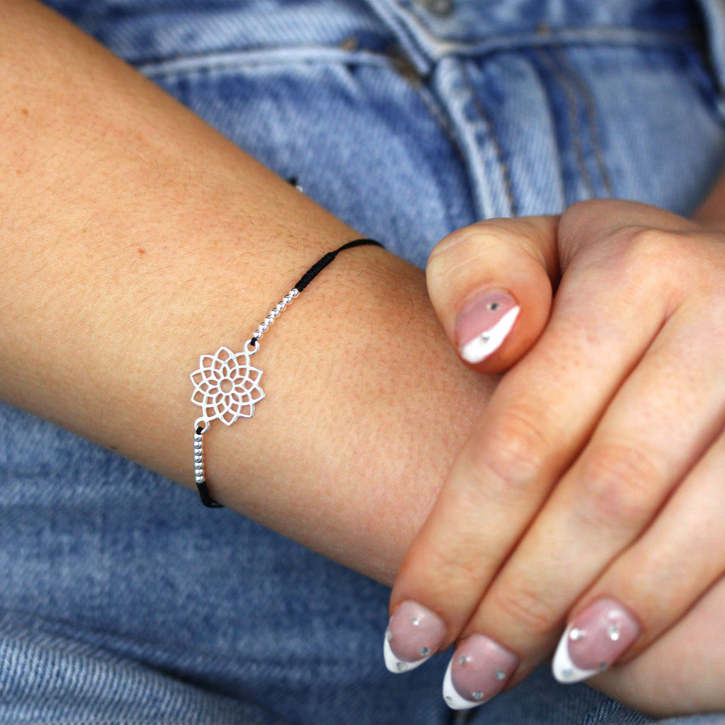 Bracelet Chakra Couronne en Argent Sterling et Cordon Noir