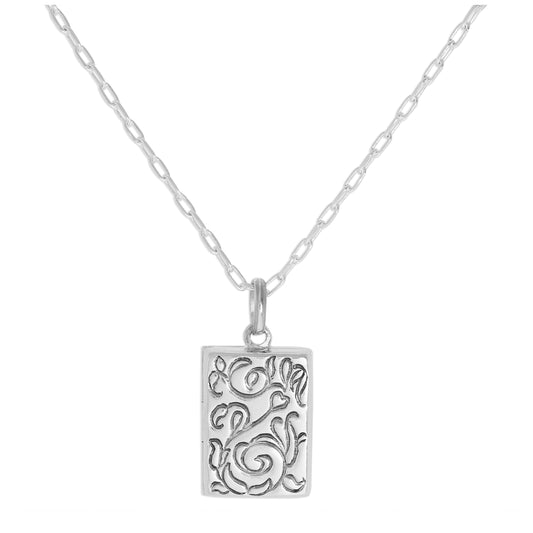 Médaillon rectangulaire en argent sterling avec motif floral sur chaîne de 40 à 61 cm