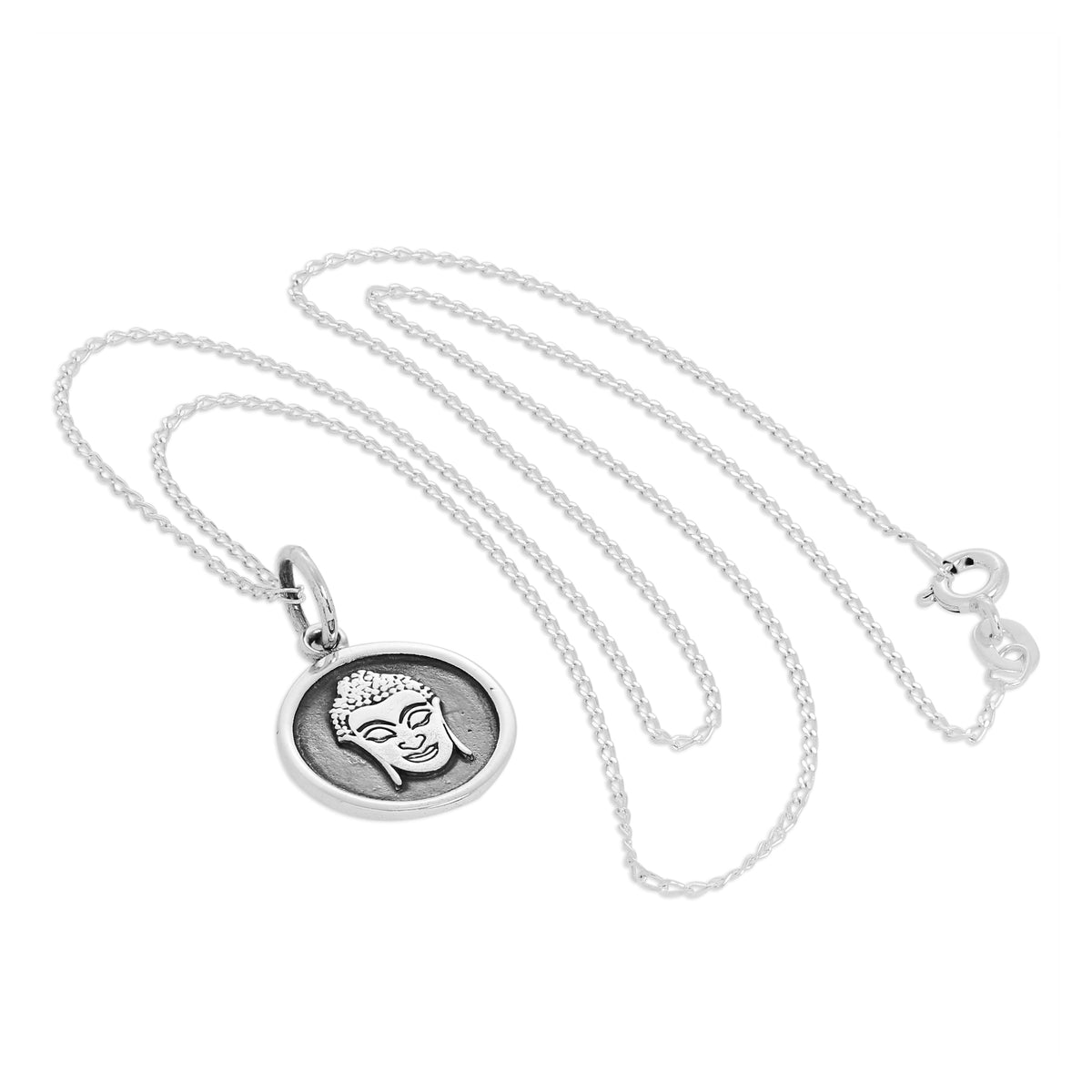 Collier pendentif rond en argent sterling avec visage de Bouddha de 35 à 81 cm