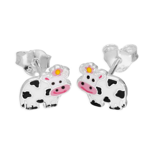 Boucles d'oreilles à tige en argent sterling et émail en forme de vache