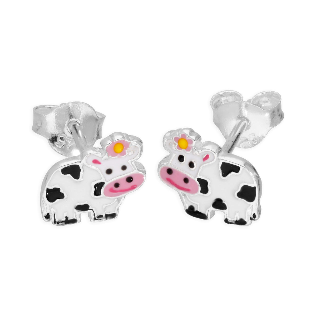 Boucles d'oreilles à tige en argent sterling et émail en forme de vache