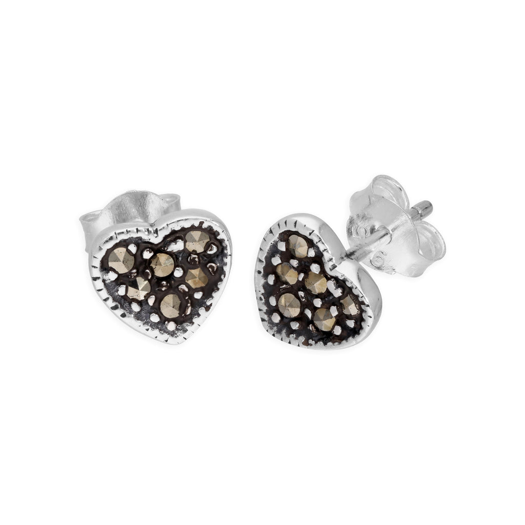 Boucles d'oreilles à tige en argent sterling et marcassite en forme de cœur