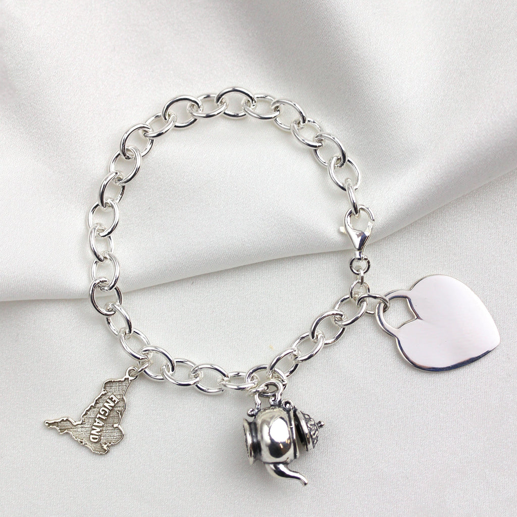 Bracelet à breloques en argent sterling de 18 cm avec grande étiquette en forme de cœur à graver