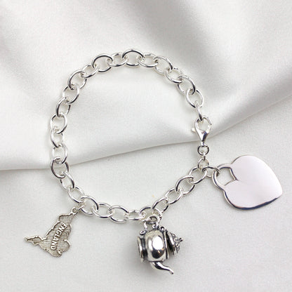 Bracelet à breloques en argent sterling de 18 cm avec grande étiquette en forme de cœur à graver