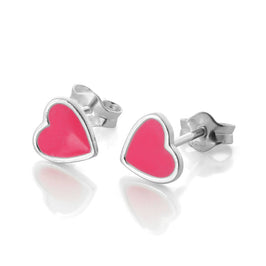 Boucles d'oreilles à tige en argent sterling et émail rose en forme de cœur