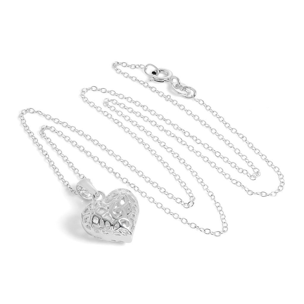 Pendentif cœur gonflé en filigrane d'argent sterling sur chaîne de 45 cm