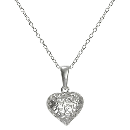 Pendentif cœur gonflé en filigrane d'argent sterling sur chaîne de 45 cm