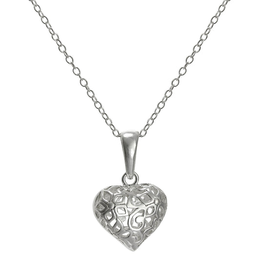 Pendentif cœur gonflé en filigrane d'argent sterling sur chaîne de 45 cm