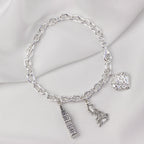 Bracelet à breloques en argent sterling massif avec breloque cœur bombé taille diamant