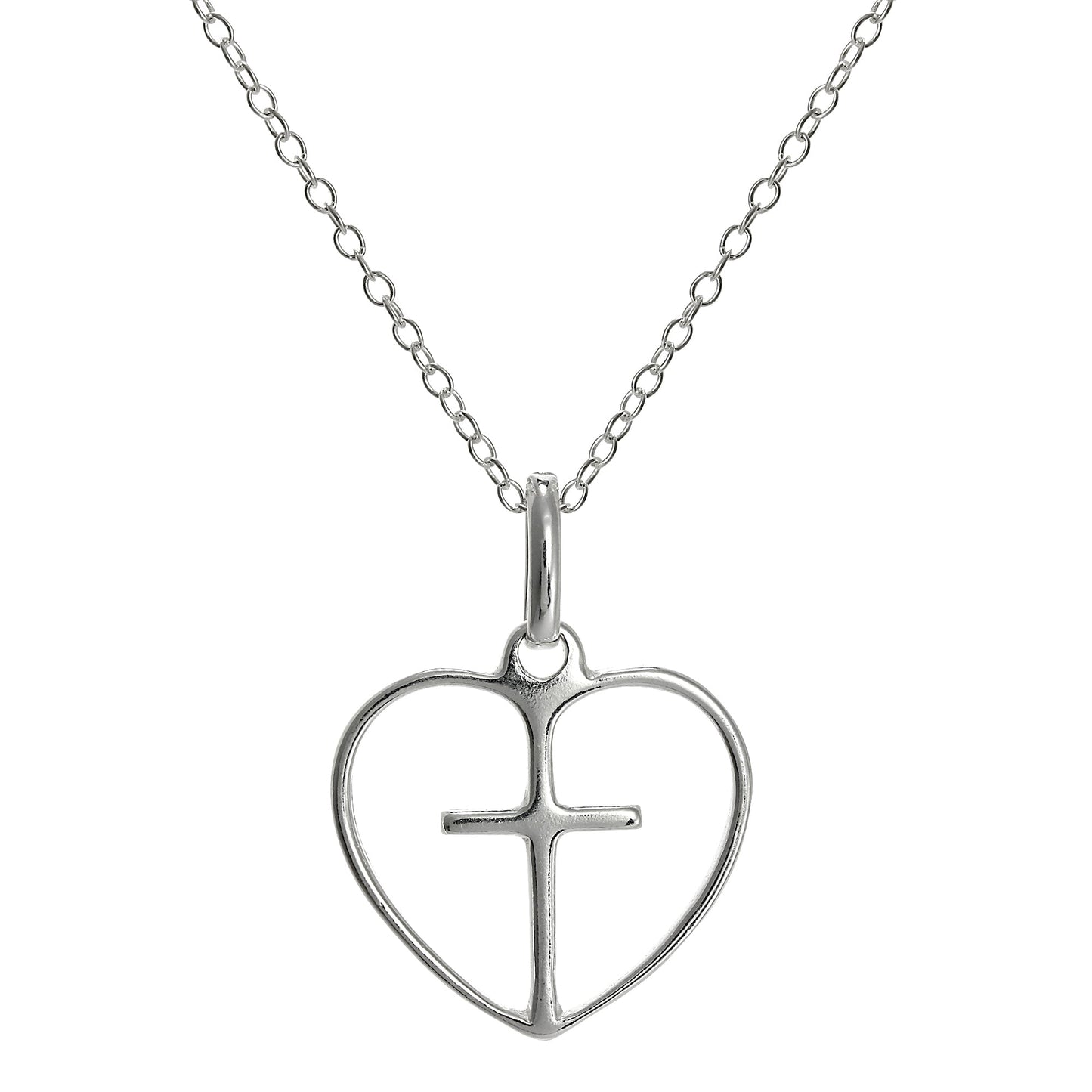 Pendentif simple en argent sterling en forme de cœur ouvert avec croix sur chaîne de 45 cm