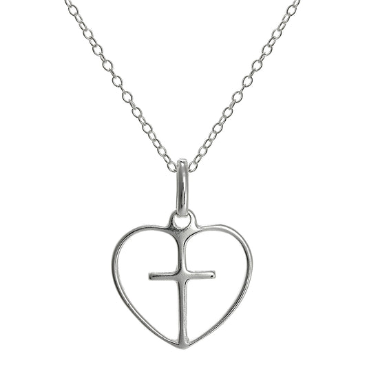 Pendentif simple en argent sterling en forme de cœur ouvert avec croix sur chaîne de 45 cm
