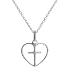 Pendentif simple en argent sterling en forme de cœur ouvert avec croix sur chaîne de 45 cm