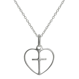 Pendentif simple en argent sterling en forme de cœur ouvert avec croix sur chaîne de 45 cm