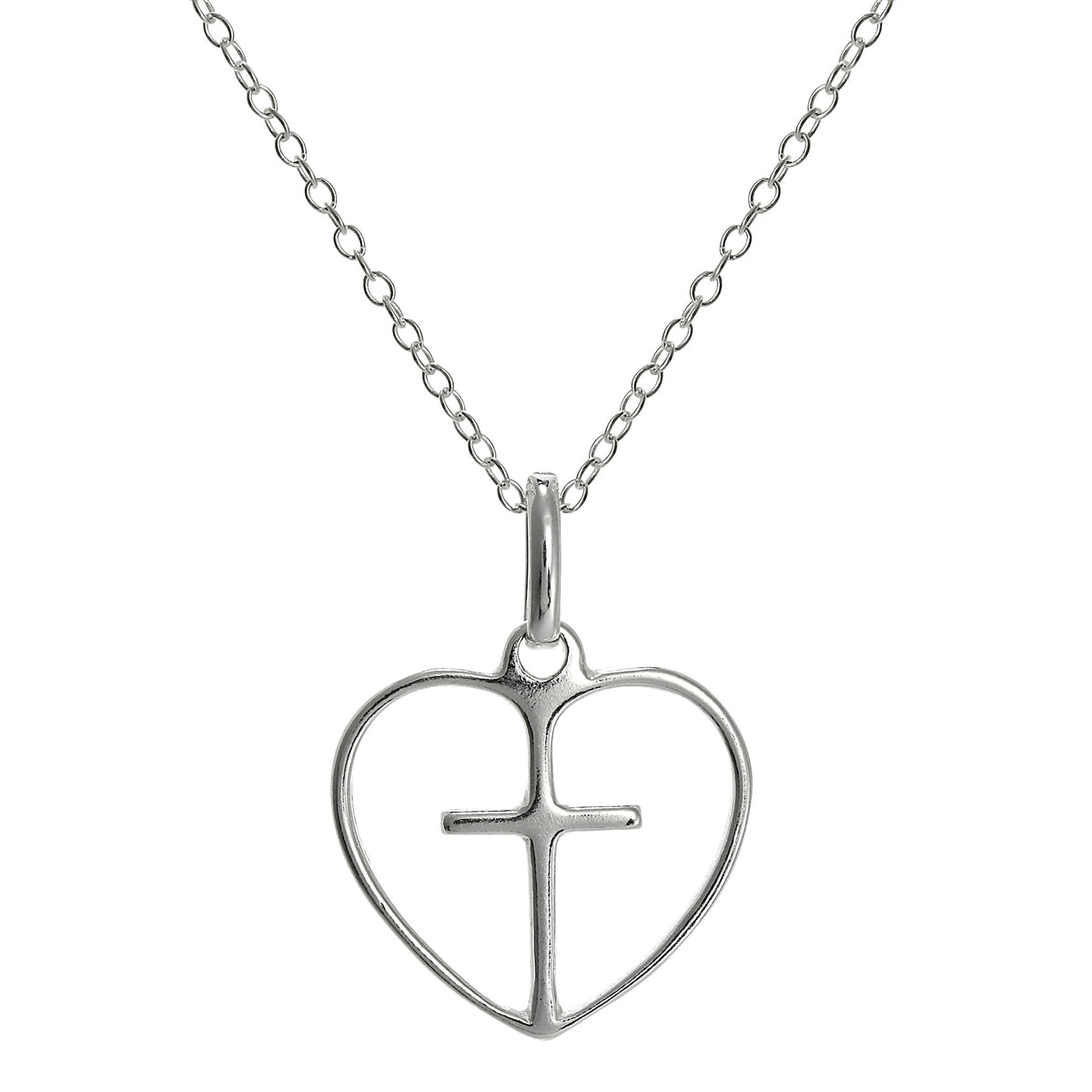 Pendentif simple en argent sterling en forme de cœur ouvert avec croix sur chaîne de 45 cm