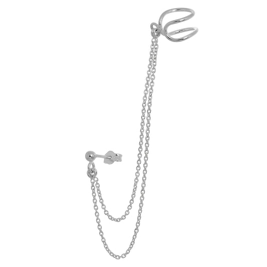 Boucle d'oreille à tige et manchette d'oreille en argent sterling avec chaîne