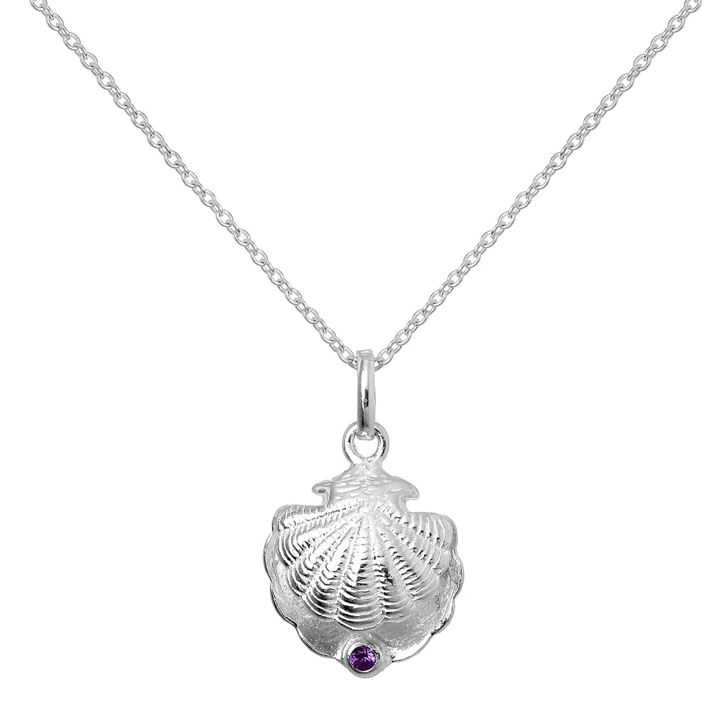 Collier en argent sterling avec coquille d'huître et pierre de naissance violette en cristal CZ