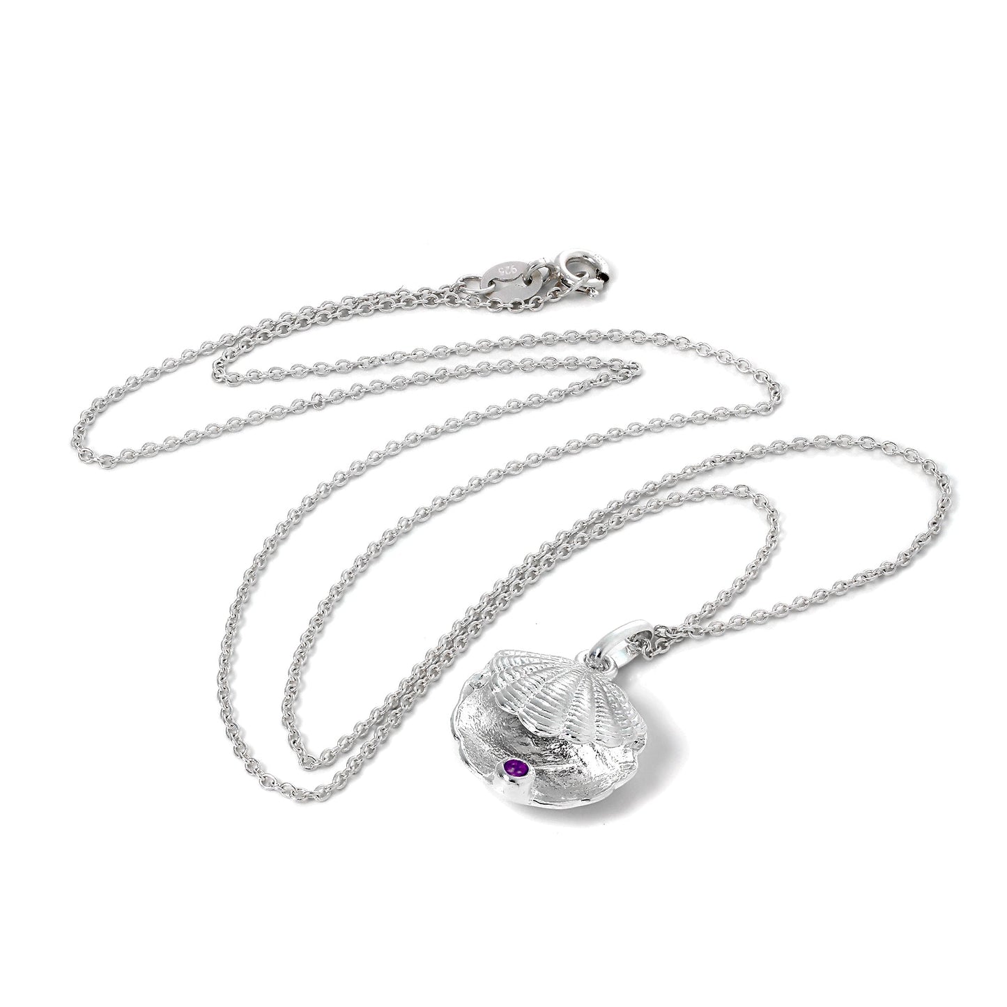 Collier en argent sterling avec coquille d'huître et pierre de naissance violette en cristal CZ