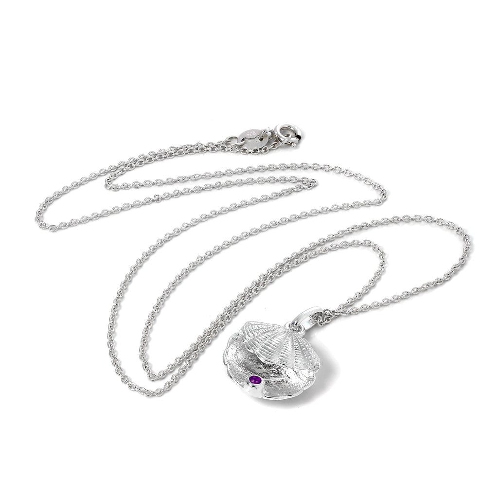 Collier en argent sterling avec coquille d'huître et pierre de naissance violette en cristal CZ
