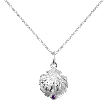 Collier en argent sterling avec coquille d'huître et pierre de naissance violette en cristal CZ