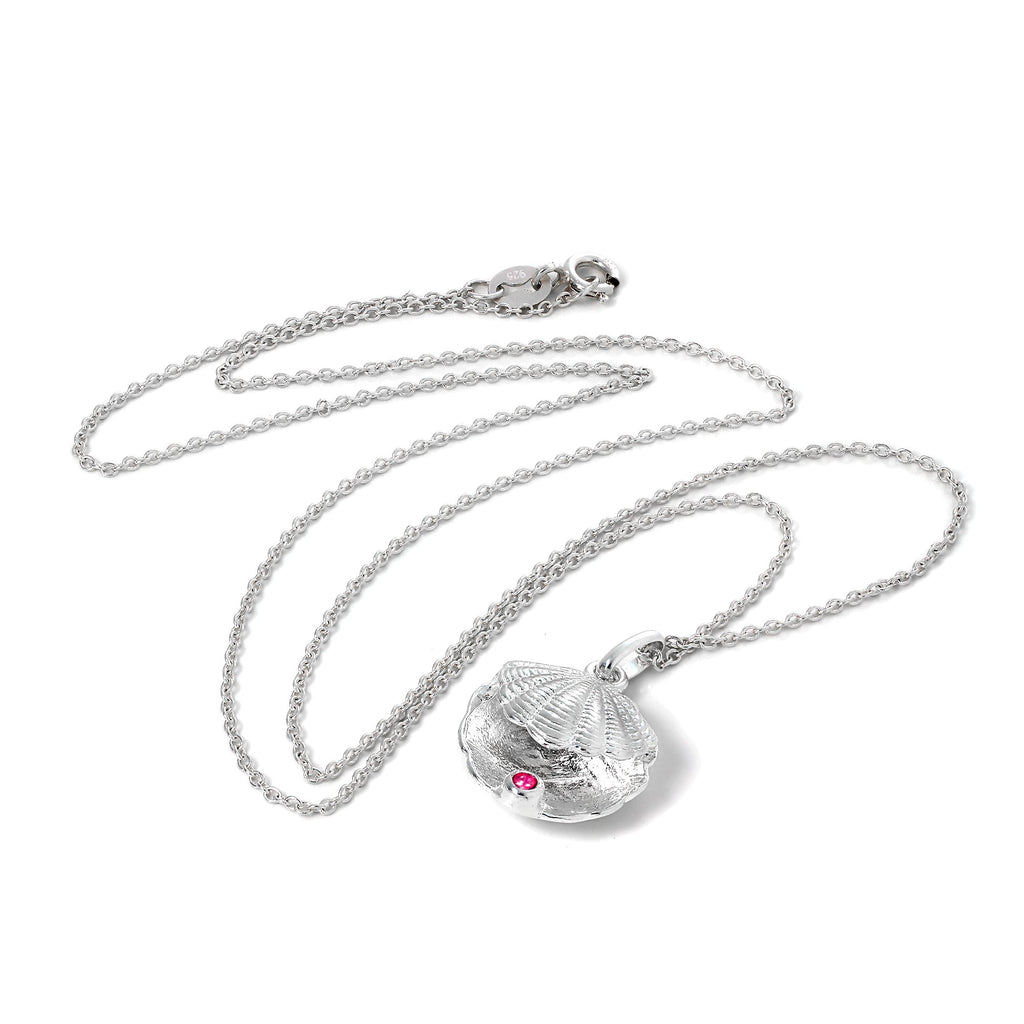 Collier en argent sterling avec coquille d'huître et pierre de naissance en cristal CZ et rubis