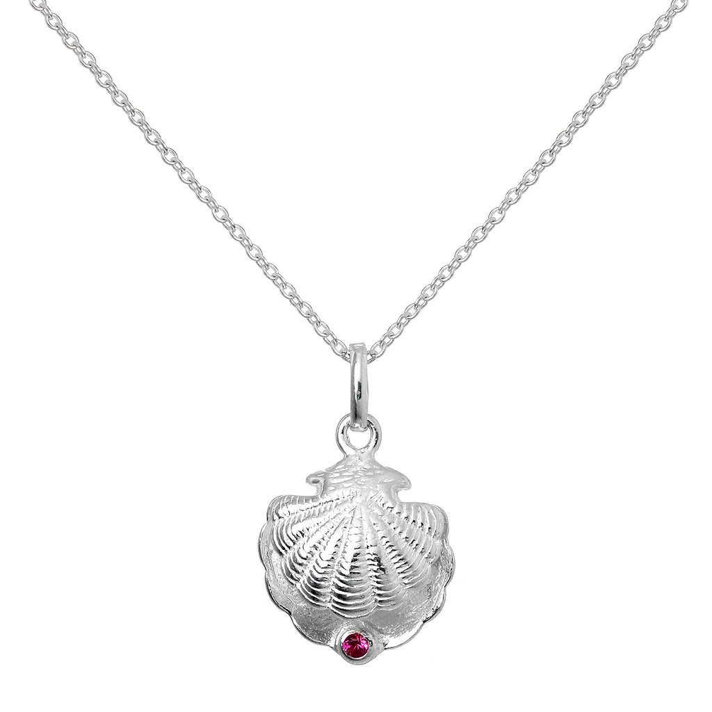 Collier en argent sterling avec coquille d'huître et pierre de naissance en cristal CZ et rubis