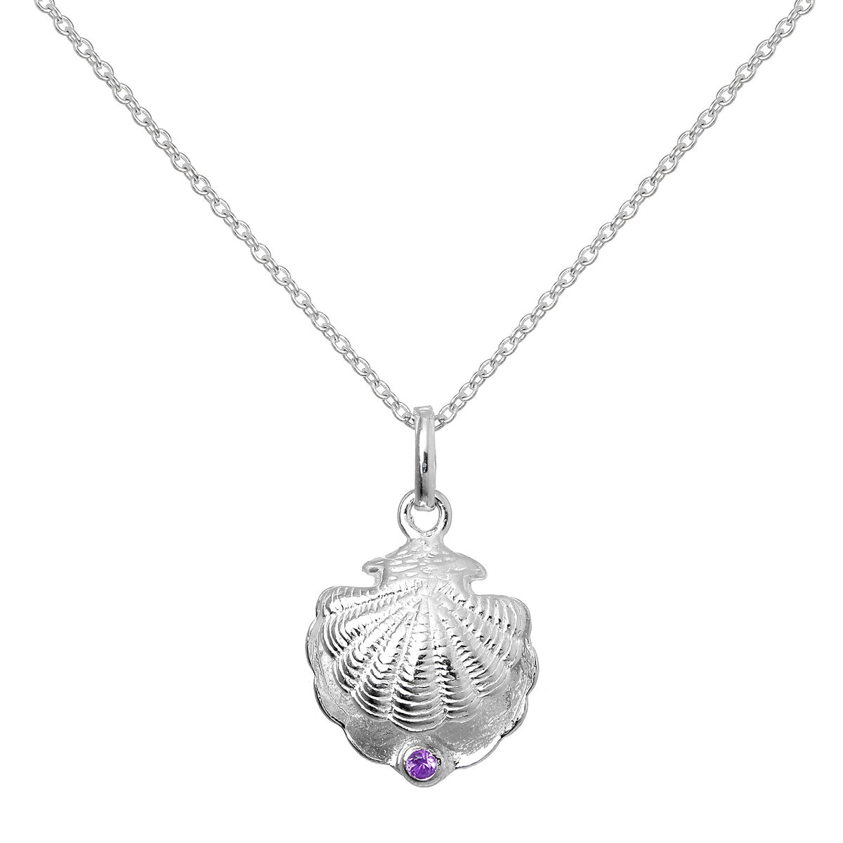 Collier en argent sterling avec coquille d'huître et pierre de naissance en cristal CZ améthyste
