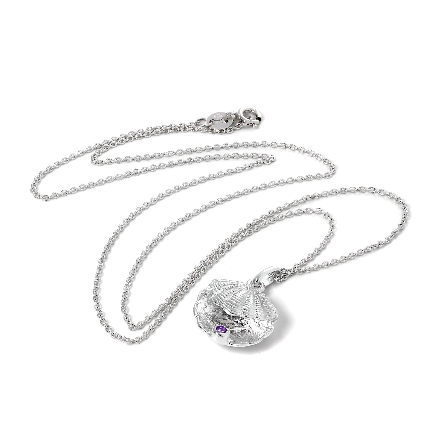 Collier en argent sterling avec coquille d'huître et pierre de naissance en cristal CZ améthyste