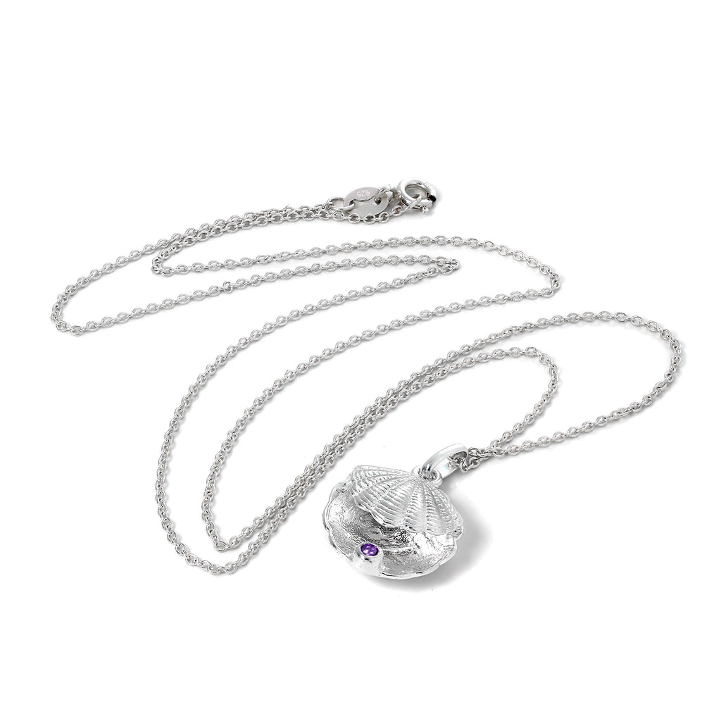 Collier en argent sterling avec coquille d'huître et pierre de naissance en cristal CZ améthyste