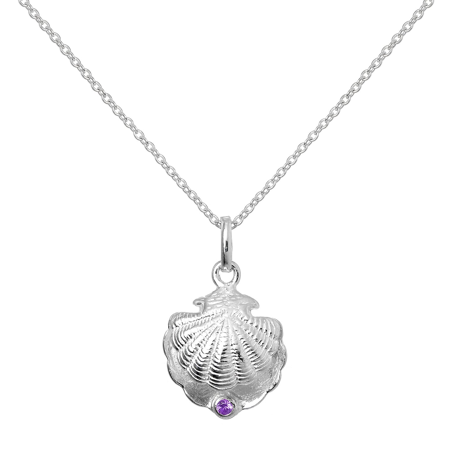 Collier en argent sterling avec coquille d'huître et pierre de naissance en cristal CZ améthyste