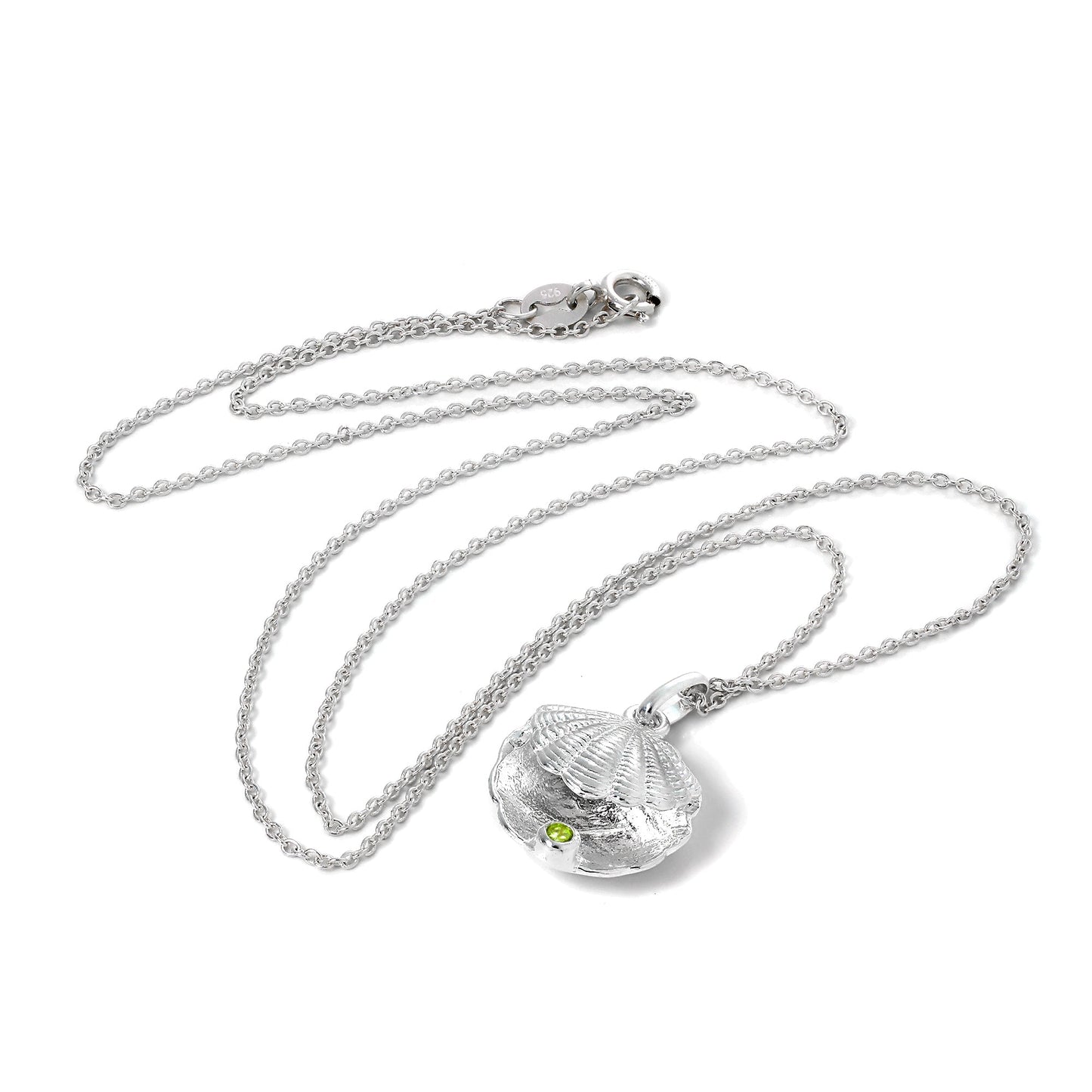 Collier en argent sterling avec coquillage d'huître et pierre de naissance péridot en cristal CZ