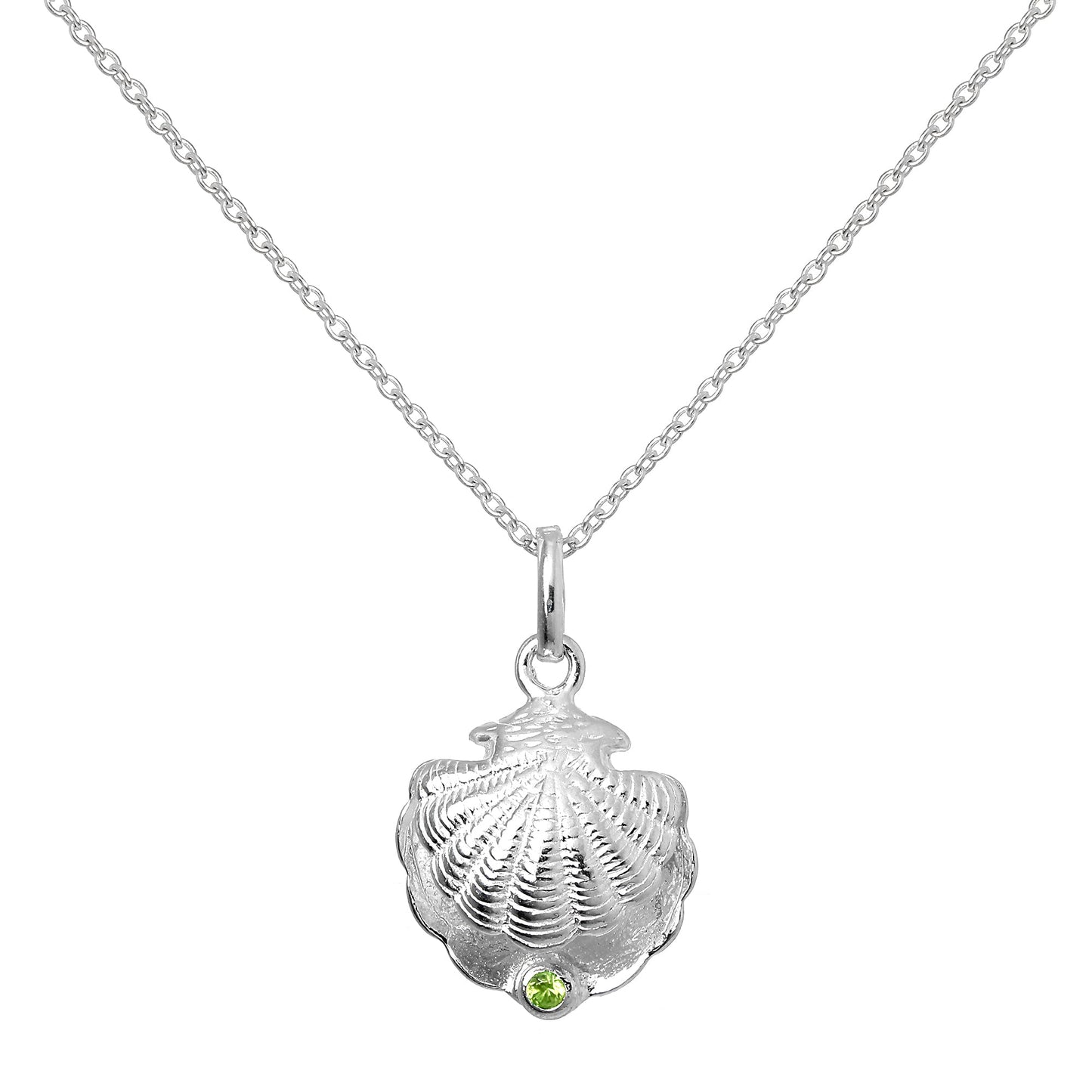Collier en argent sterling avec coquillage d'huître et pierre de naissance péridot en cristal CZ