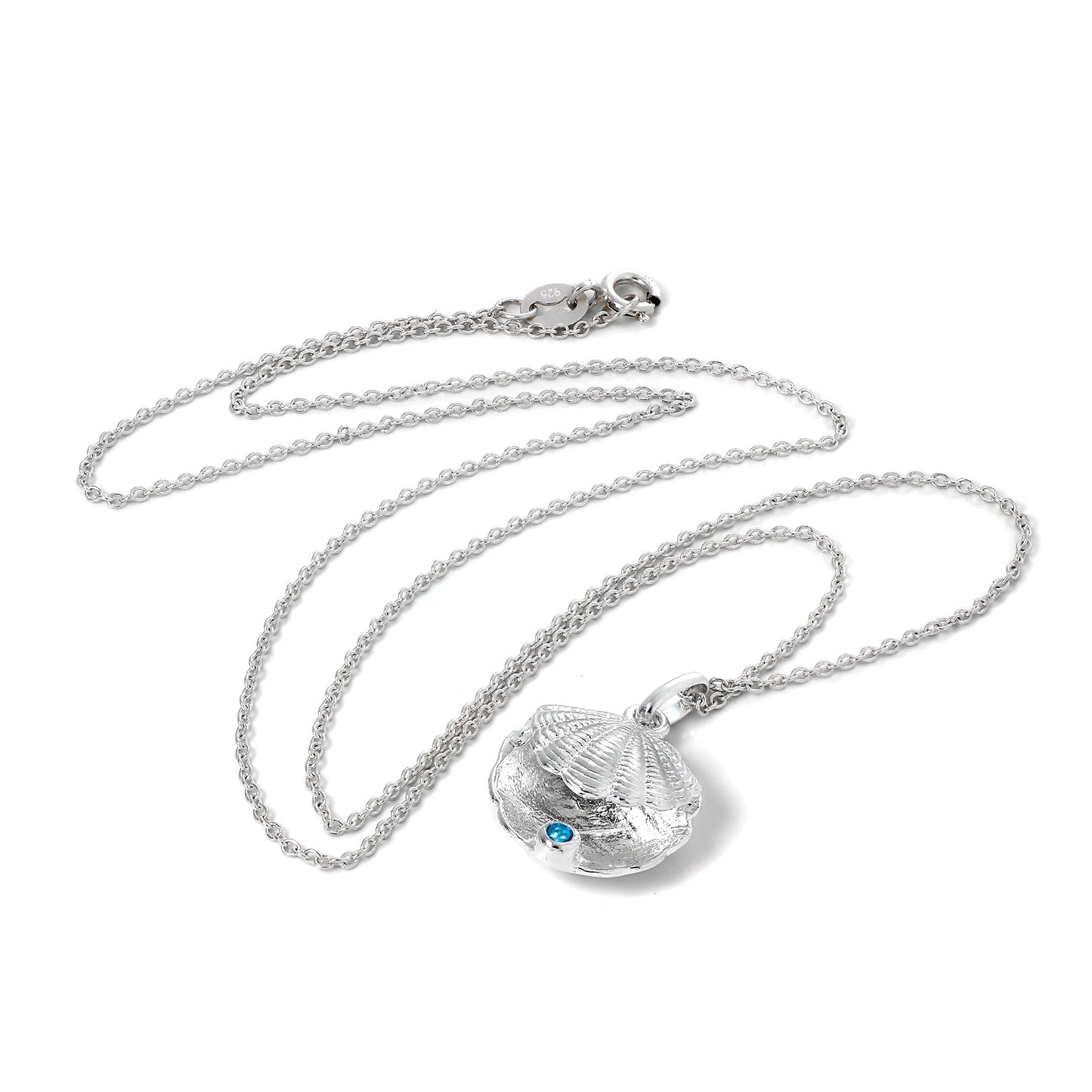 Collier en argent sterling avec pierre de naissance en forme de coquille d'huître et cristal CZ bleu zircon