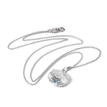 Collier en argent sterling avec pierre de naissance en forme de coquille d'huître et cristal CZ bleu zircon