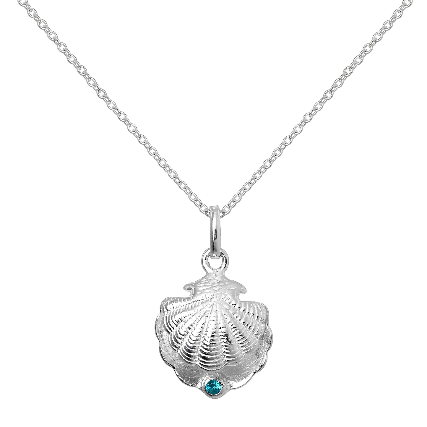 Collier en argent sterling avec pierre de naissance en forme de coquille d'huître et cristal CZ bleu zircon