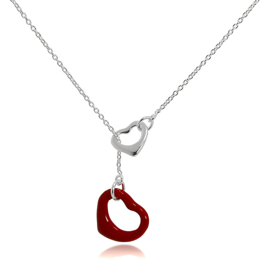 Collier chaîne lariat en argent sterling avec cœur ouvert rouge