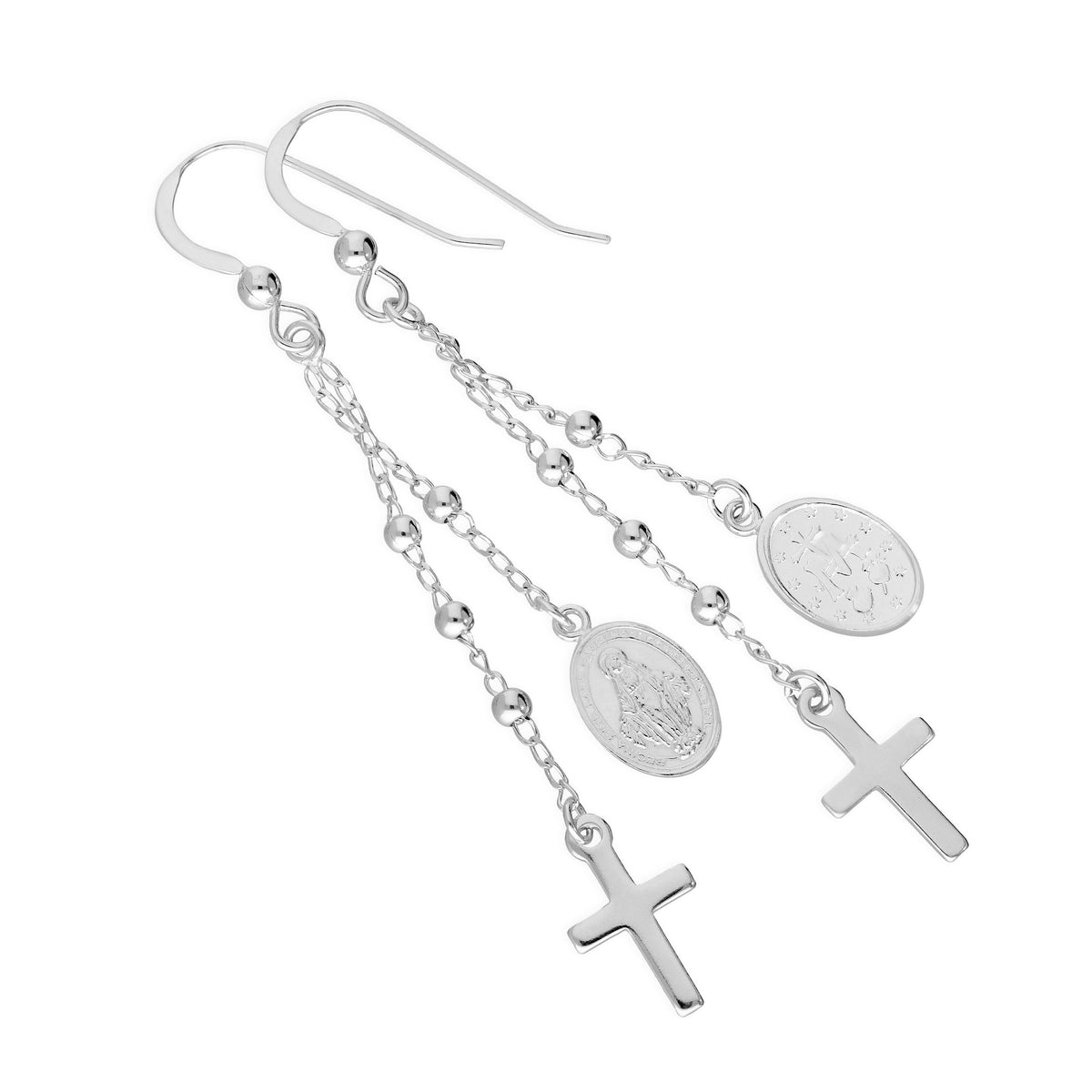 Boucles d'oreilles pendantes en argent sterling avec croix et médaille miraculeuse