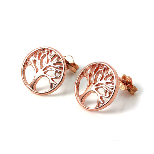 Boucles d'oreilles à tige en argent sterling plaqué or rose avec motif arbre de vie