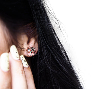 Boucles d'oreilles à tige en argent sterling plaqué or rose avec motif arbre de vie