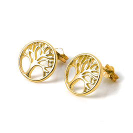 Boucles d'oreilles à tige en argent sterling plaqué or arbre de vie