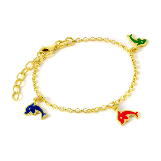 Bracelet à breloques Rolo en argent sterling plaqué or avec dauphins en émail