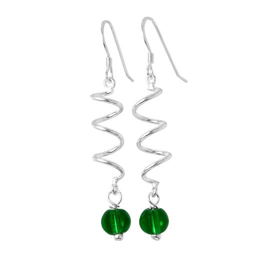 Boucles d'oreilles pendantes torsadées en argent sterling et perles de verre émeraude
