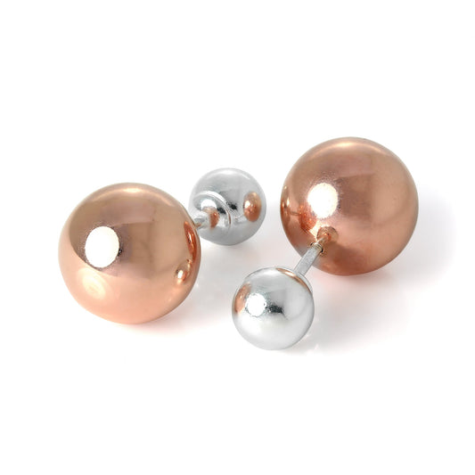 Boucles d'oreilles à tige en argent sterling plaqué or rose, double face, boules lourdes de 14 mm