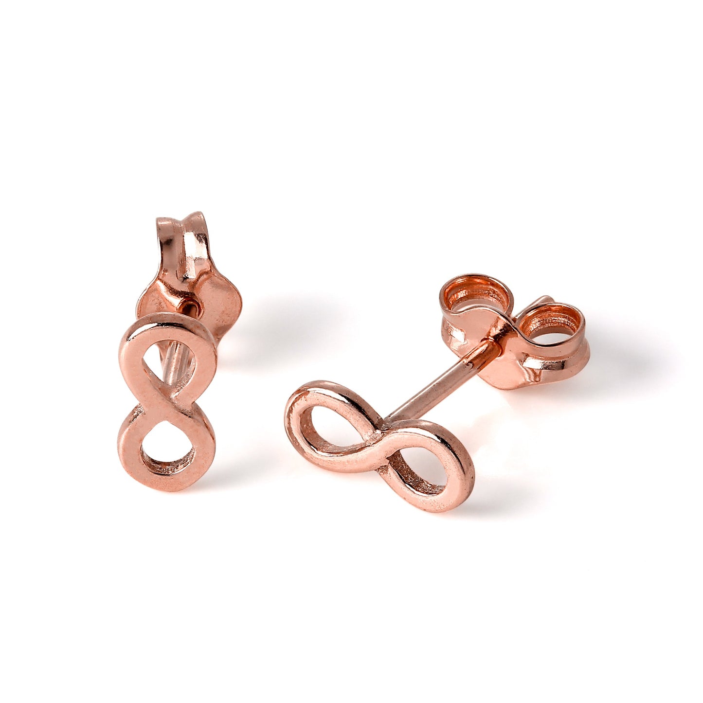 Petites boucles d'oreilles à tige en argent sterling plaqué or rose avec boucle infinie