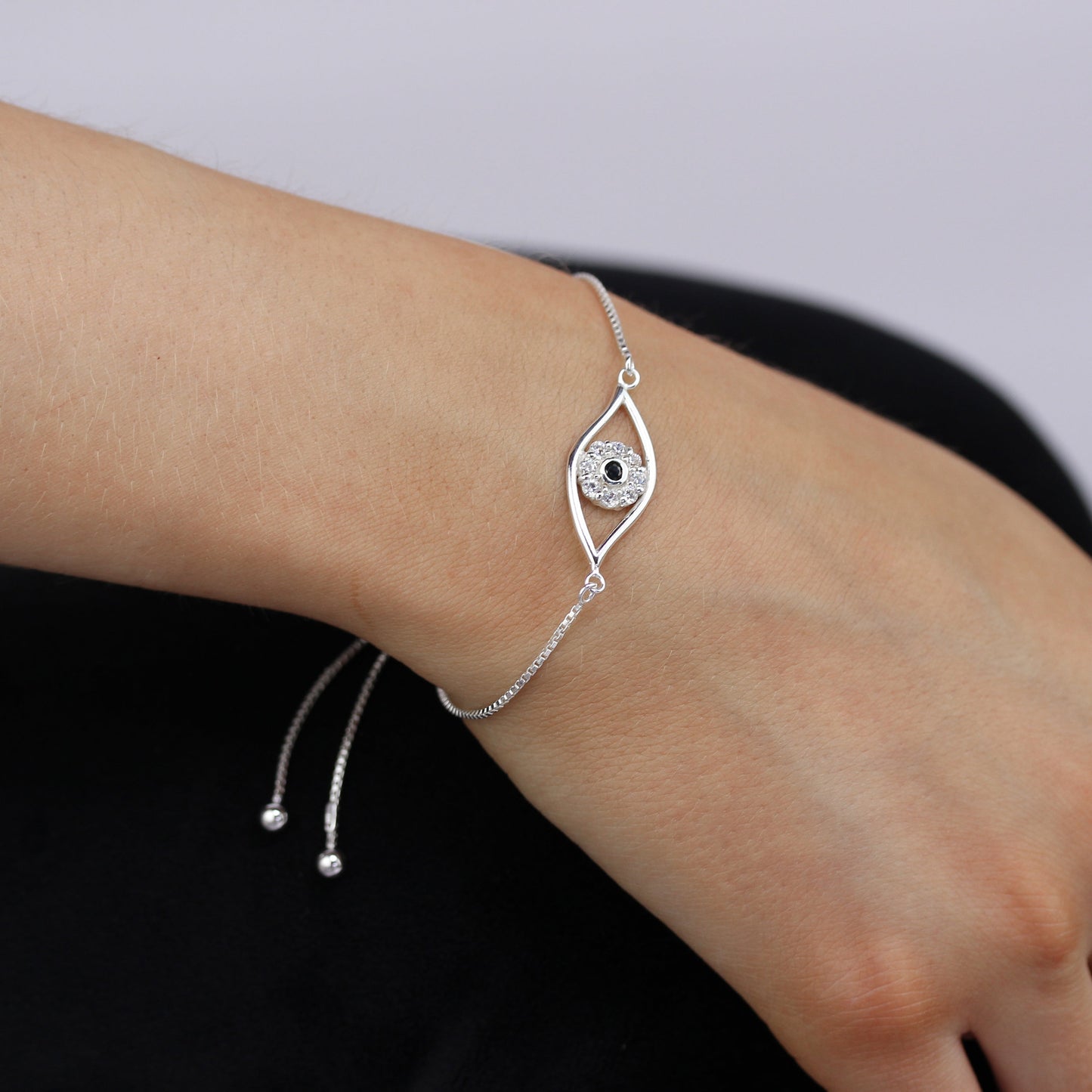 Bracelet réglable en argent sterling et cristal CZ contre le mauvais œil, 25 cm