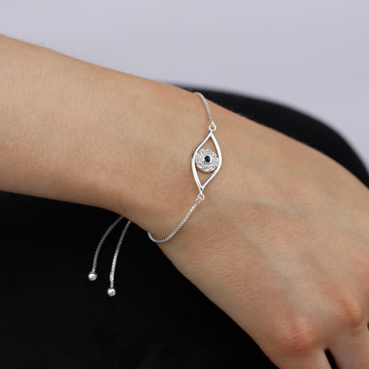 Bracelet réglable en argent sterling et cristal CZ contre le mauvais œil, 25 cm